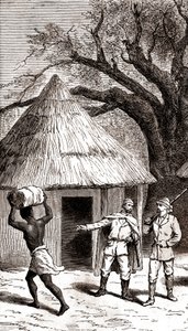 Exploradores e carregadores em frente a uma cabana africana, 1887 (gravura) de Emile Mas