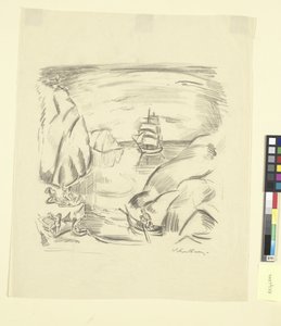 Uma baía marítima com um veleiro e mulheres de banho de Emile Othon Friesz