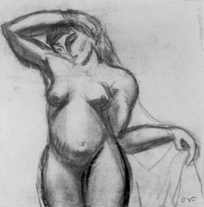 Estudo de figura. Mulher em pé um rosto com uma cortina. de Emile Othon Friesz