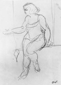 Acrobata feminina, sentada em trapézio.