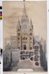 Arquitectura gótica: fachada da igreja e corte de casas de abadia. Desenho do Museu Municipal de Avranches (Manche)