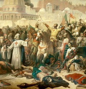 Detalhe de: Primeira Cruzada: "A captura de Jerusalém pelas travessias em 15/07/1099" Godefredo de Bouillon dando graça a Deus na presença de Pedro, o Eremita (ou Eremita