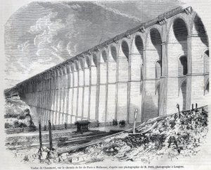 Viaduto de Chaumont no caminho-de-ferro de Paris a Mulhouse. Gravura após esboço de Ralph em "The Illustrous World", 09/05/1857. Coleção privada.