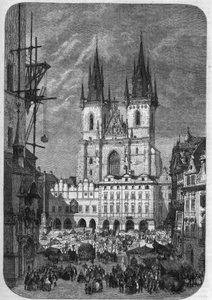 Arquitectura gótica: vista exterior da Igreja de Nossa Senhora de Tyn (Teynkirche) em Praga. A sua construção durou desde a metade do século XIV até ao século XVI. Gravura de Therond em "Le Magasin Picturesque".