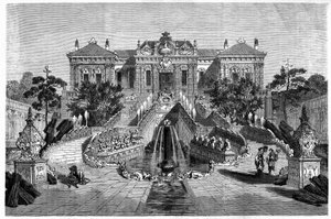 Haiyan Tang Pavilion tem arquitetura ocidental no Ete Palace, em Pekin (Pequim). Gravura após desenho de Therond, em "Le Tour du Monde, Nouveau journal des Voyages", editado por Edouard Charton, Paris.