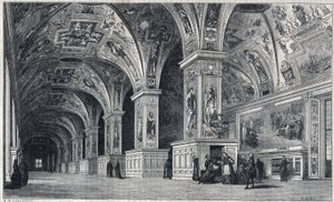 Vista interna da biblioteca do Vaticano no século XVIII. Gravura de Therond a partir de um desenho de François Pannini.