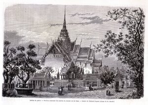 O jardim do palácio. Pavilhão contendo as cinzas do último rei do Sião. Desenho de Thérond do álbum de M. Mouhot. "Tour du monde". de Emile Theodore Therond