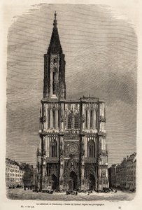 A fachada da catedral de Estrasburgo, desenhada por Therond, para ilustrar a viagem de Victor Duruy de Paris a Bucareste em 1860. Gravura em "Le tour du monde" 1861. A coleção de Selva.