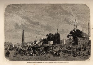 A praça de Ett Meydan, Constantinopla (atual Istambul, Turquia), desenhada por Therond, para ilustrar o estudo sobre as mulheres turcas, de 1862, de F. Jerusalemy. Gravura em "Le tour du monde", editado por Edouard Charton