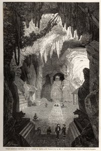 Templo Budista Subterrâneo em rochas de mármore perto de Tourane, desenho de Therond, para ilustrar as notas de uma correspondência única com Cochinchine. Gravura em "Le tour du monde, nouveau journal des voyages" Paris