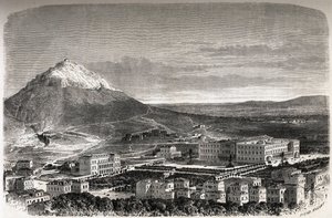 Vista de Athenes Grécia, desenho de Therond, para ilustrar a história de M.A.Proust, um inverno em Athenes de Emile Theodore Therond