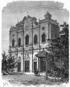 Vista da fachada da catedral de Nantang, construída no local da casa de Matteo Ricci (1552-1610), pai do catolicismo na China. Gravura após um desenho de Therond, em "Le Tour du Monde, Nouveau journal des Voyages", editado por Edouard Chart de Emile Theodore Therond
