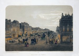 Boulevard du Temple, Paris. Litografia aquarela, ilustração de E.de la Tramblaiz, em "Album, souvenirs de Paris", Daziaro editor, Paris de Emile de la Tramblais