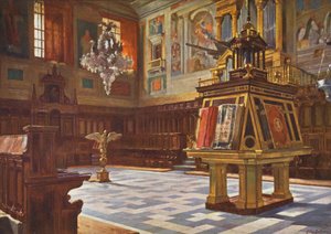 Elscorial: O Coro (litografia a cores) de Emilio Poy Dalmau