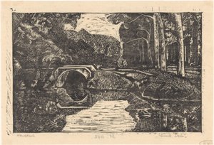 Ponte sobre um fosso numa floresta de Emilius Wilhelmus Dehé (signed by artist)