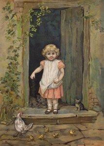 Menina a dar de comer às galinhas à porta de casa (cromolitho)
