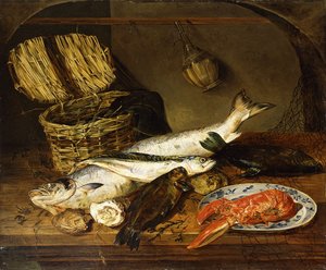 Um salmão, uma cavala, uma lagosta em um prato, uma cesta de vime, ostras, uma garrafa de chianti e uma rede de pescadores em uma mesa de madeira, 1854