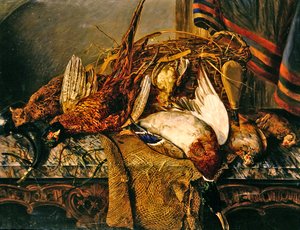 Natureza morta com faisões numa mesa de mármore, c.1850 (óleo sobre tela)