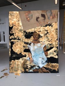 A Disposição Vulnerável. 2019, Óleo, acrílico, tecido, estampado e imitação de folha de ouro sobre tela de Emma Prempeh
