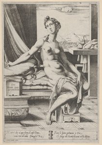 Lucretia nua e sentada diante de uma janela, uma adaga na mão direita e segurando d ..., ca. 1535-67.