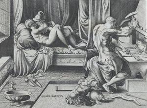 Vênus e Marte se abraçando enquanto Vulcano trabalha em sua forja, 1543.