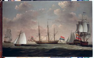 O East Indiaman &39;t Slot ter Hooge&39; e outro transporte em uma brisa rápida fora de um porto holandês, possivelmente Flushing