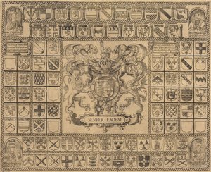 Brasões de armas com retratos de canto de Henrique VII, Henrique VIII, Eduardo VI e Maria de English 16th Century