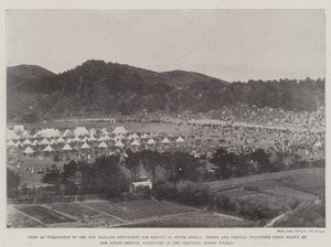 Acampamento em Wellington, Nova Zelândia, Contingente para o Serviço na África do Sul, Tropas e Corpo Voluntário Visitante, preparadas para o Serviço Divino, conduzidas pelo Capelão, Bispo Wallis de English Photographer