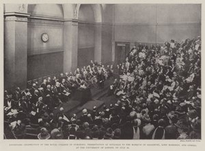 Celebração do centenário do Royal College of Surgeons, apresentação de diplomas ao Marquês de Salisbury, Lord Rosebery e outros, na Universidade de Londres, em 26 de julho de English Photographer