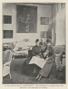 No Estudo dos Czares, Fredensborg, a princesa de Gales com o Imperador e a Imperatriz da Rússia de English Photographer