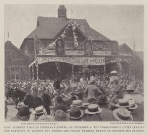 Lord Roberts Visita a Pietermaritzburg em 4 de dezembro, o comandante-em-chefe deixando a plataforma para inspecionar as tropas e os portadores indianos, elaborado em frente à estação de English Photographer