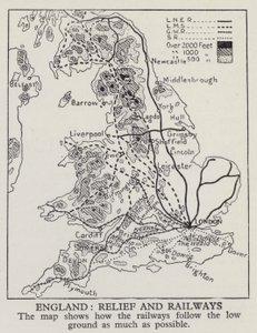 Mapa mostrando como as ferrovias na Inglaterra seguem o terreno baixo tanto quanto possível (foto a p/b) de English Photographer