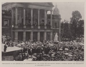 Proclamação do rei Eduardo VII em Pietermaritzburg, Sir Walter Hely-Hutchinson, governador aposentado, lendo a proclamação nos edifícios do Parlamento de English Photographer