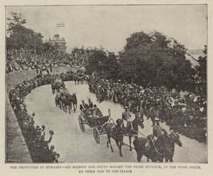 As Festas na Hungria, Sua Majestade e o Conde Szapary, o Primeiro Ministro, no Estado Treinador, a caminho do Palácio de English Photographer