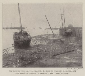 O vendaval no canal de Bristol, danos ao porto de observação, e os navios naufragados Josephine e Mary Lauder de English Photographer