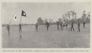 A situação nas Filipinas, American Signal Corps, colocando uma linha telegráfica sob fogo de English Photographer