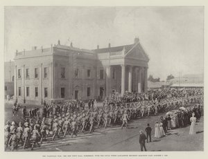 A Guerra do Transvaal, a Nova Prefeitura, Kimberley, com o Regimento Loyal North Lancashire marchando, 7 de outubro de 1899