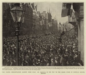 A manifestação do Ulster contra o Home Rule, o Sr. Balfour em seu caminho para o Grande Stand na Praça Donegal, Belfast de English Photographer