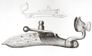 Matchlock do século XVII. Mecanismo ou fechadura utilizada para disparar uma arma de fogo manual, do Exército Britânico: As suas Origens, Progresso e Equipamento, publicado em 1868. de English School