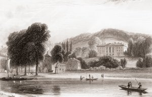 Vista do século XIX de Beaumont Lodge, Old Windsor, Berkshire, Inglaterra. Vendida em 1854 à Companhia de Jesus e rebaptizada Beaumont College, uma escola pública jesuíta. De Churton
