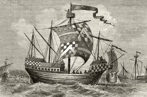 Um navio de guerra do século 15, de "A História Nacional e Nacional da Inglaterra", de William Hickman Smith Aubrey (1858-1916) publicou Londres, c.1890 de English School