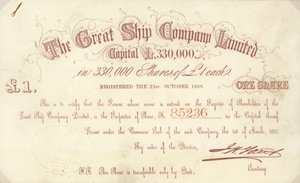 Um certificado de ações de £ 1 emitido pela The Great Ship Company Limited de English School