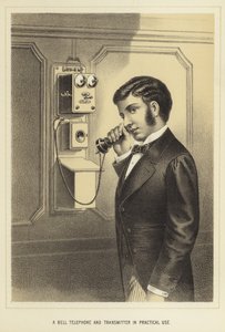 Um telefone e transmissor Bell em uso prático de English School