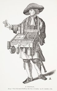 Um Chapman, dos gritos e dos hábitos da cidade de Londres por M. Lauren, 1709, ilustração do frontispiece dos Chap-livros do século XVIII por John Ashton, bar. 1882 de English School