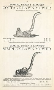 Um cortador de grama Cottage e Simplex, ilustração de um catálogo de jardinagem, publicado por Barnard Bishop & Barnard, 1878 de English School