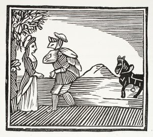 Um cavalheiro que vai consultar com a mamã Bunch, ilustração dos Chap-livros do século XVIII por John Ashton, bar. 1882 de English School