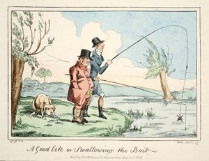 Uma Boa Mordida ou Engolir o Isco, pub. 1835 (gravura colorida à mão) de English School