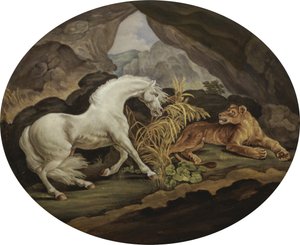 Um cavalo assustado por uma leoa depois de George Stubbs (1724-1806) (placa de esmalte)