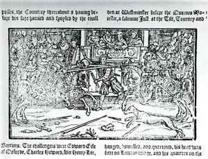 Um torneio de justa, de &39;Crônicas da Inglaterra&39; por Holinshed, 1577 de English School