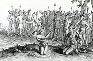 Um rei da Flórida consultando seu mago antes de ir para Battle, ilustração tirada de Moores Voyages and Travels, 1778 de English School